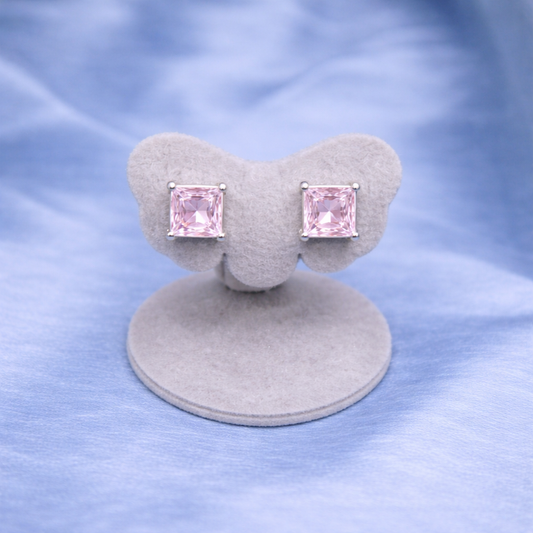 Blush Princess Cut Pink Studs Silver