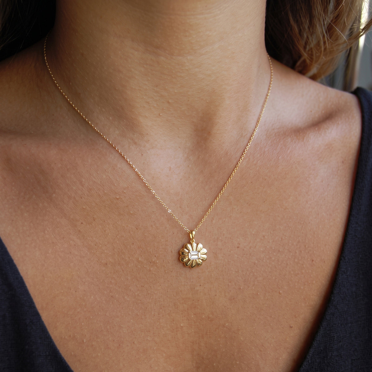Emerald Cut Diamond Flower Pendant Necklace