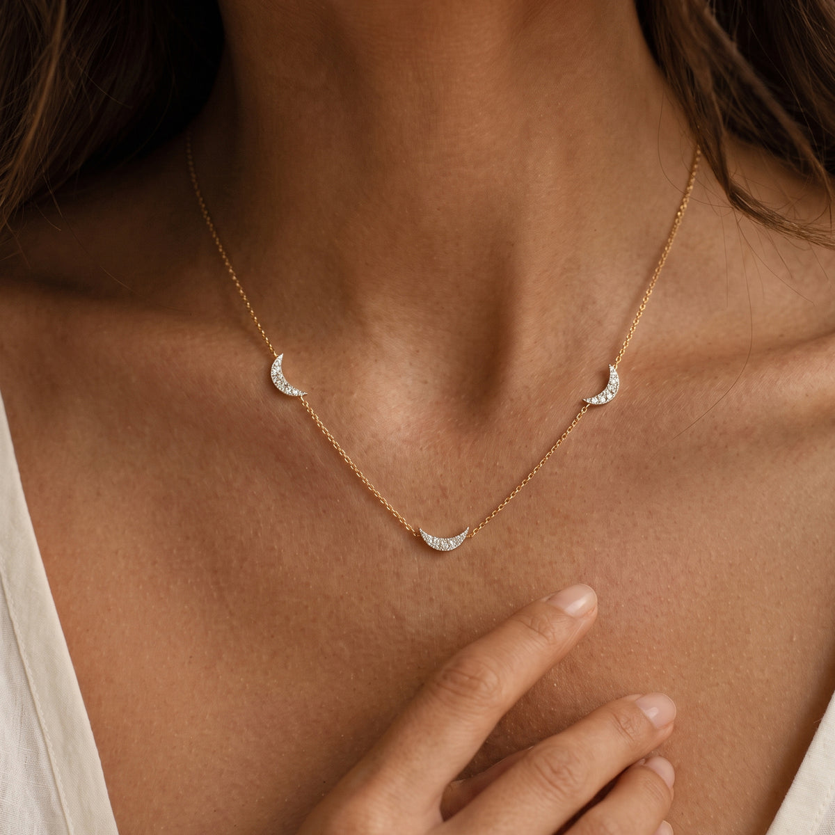 Crescent Moon Diamond Station Necklace