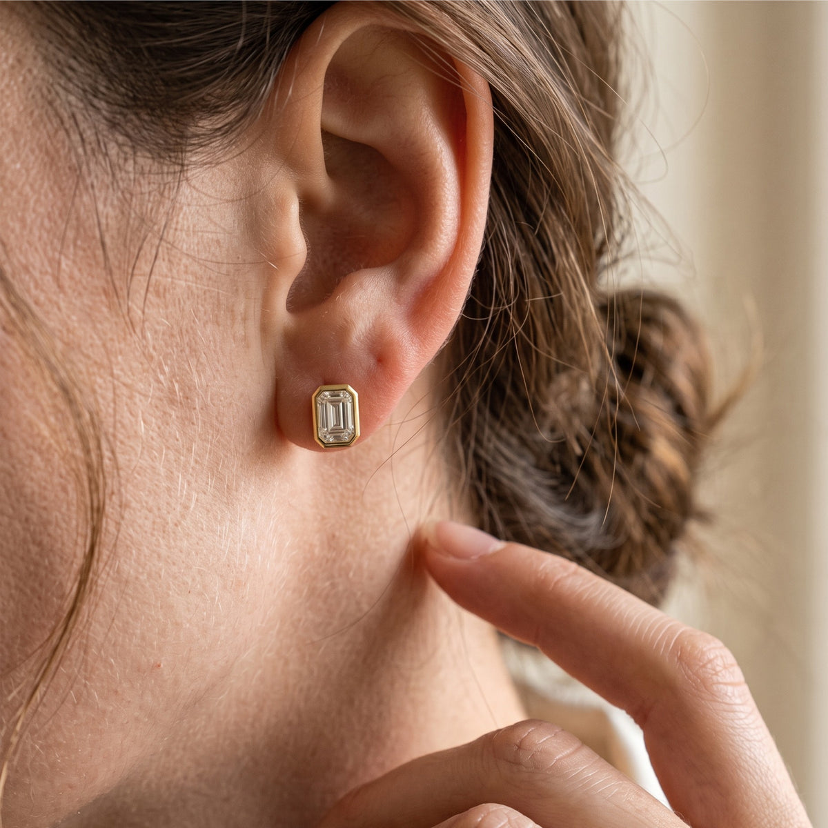 Emerald Cut Bezel Diamond Stud Earrings