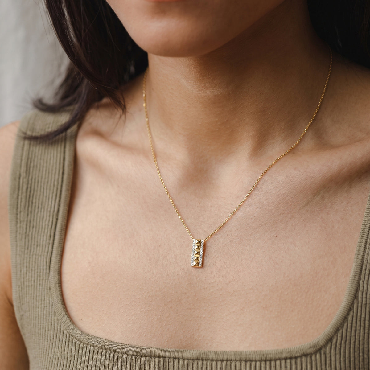 Pyramid Cut Diamond Bar Pendant Necklace