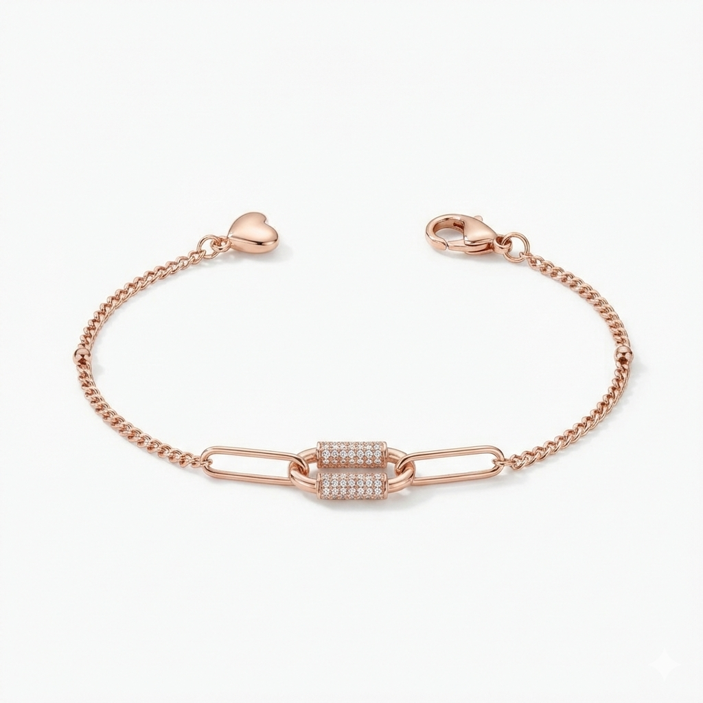 Rose Link Heart Charm Bracelet Rose Gold