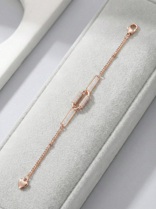 Rose Link Heart Charm Bracelet Rose Gold