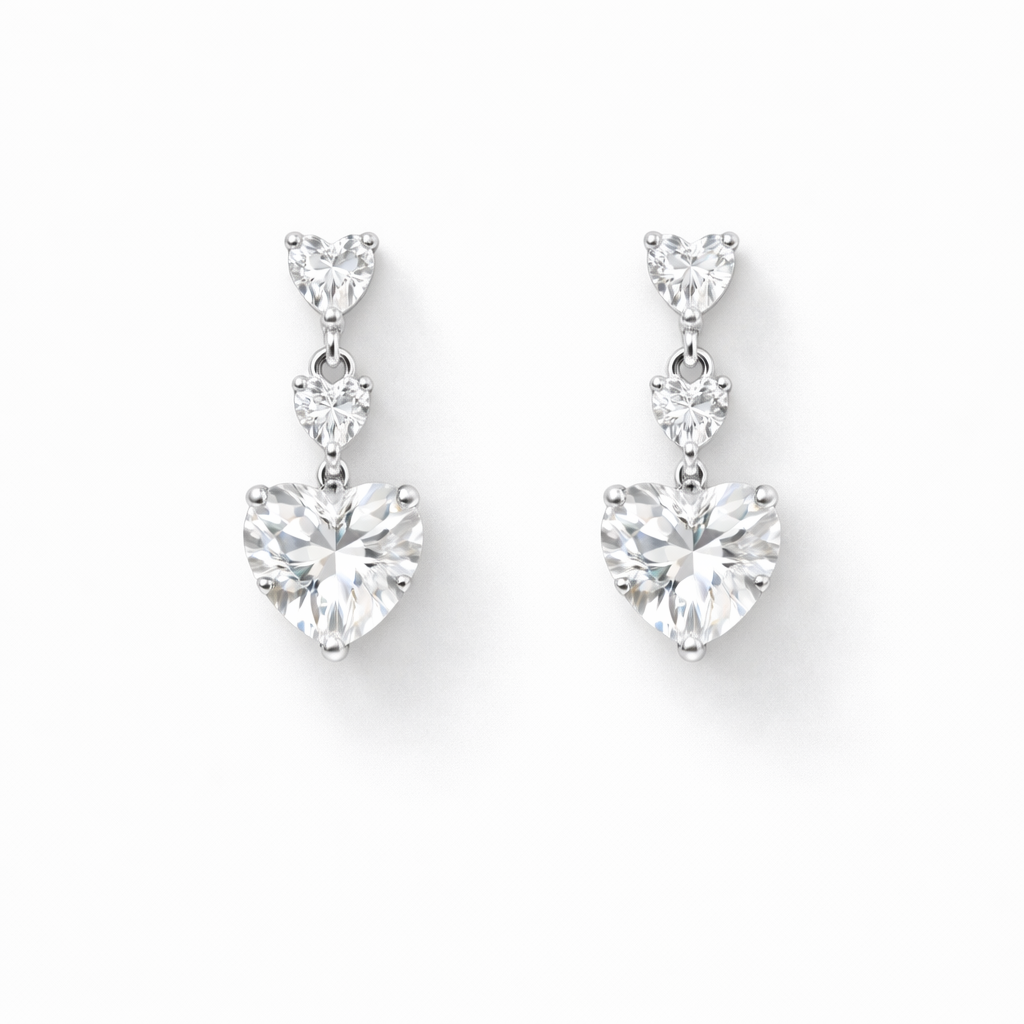 Triple Heart Drop Crystal Earrings Silver