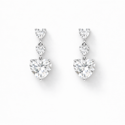 Triple Heart Drop Crystal Earrings Silver