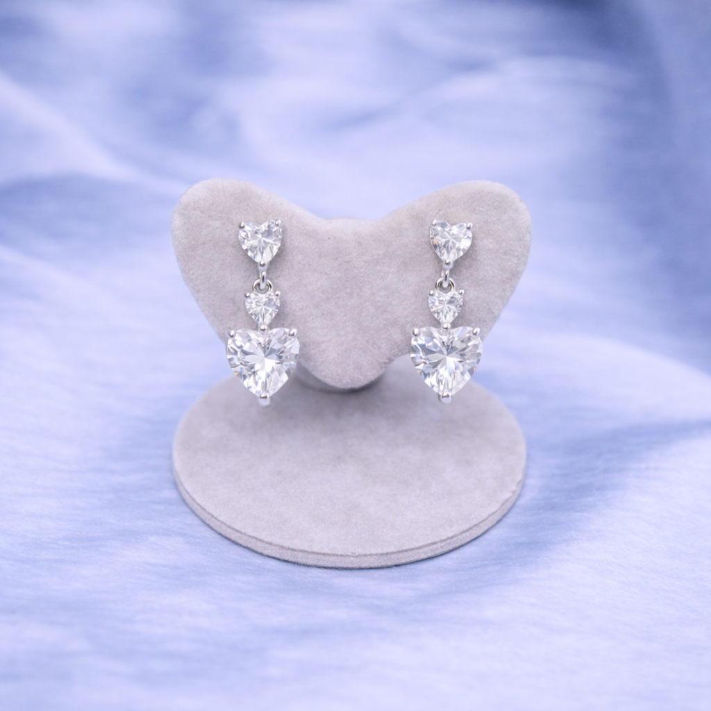 Triple Heart Drop Crystal Earrings Silver