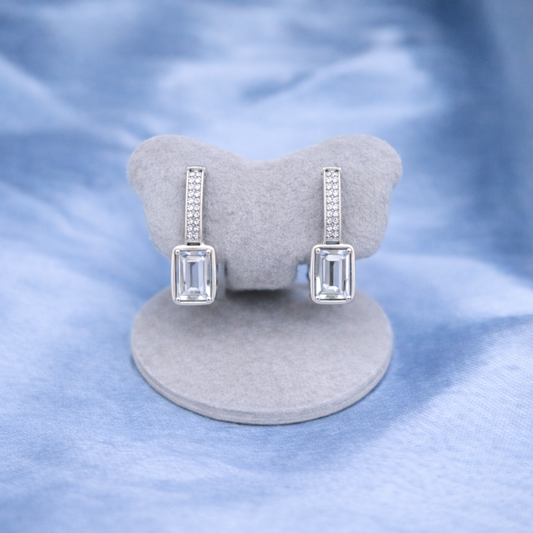 Emerald Cut Drop Studs Silver