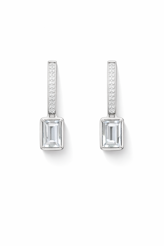 Emerald Cut Drop Studs Silver