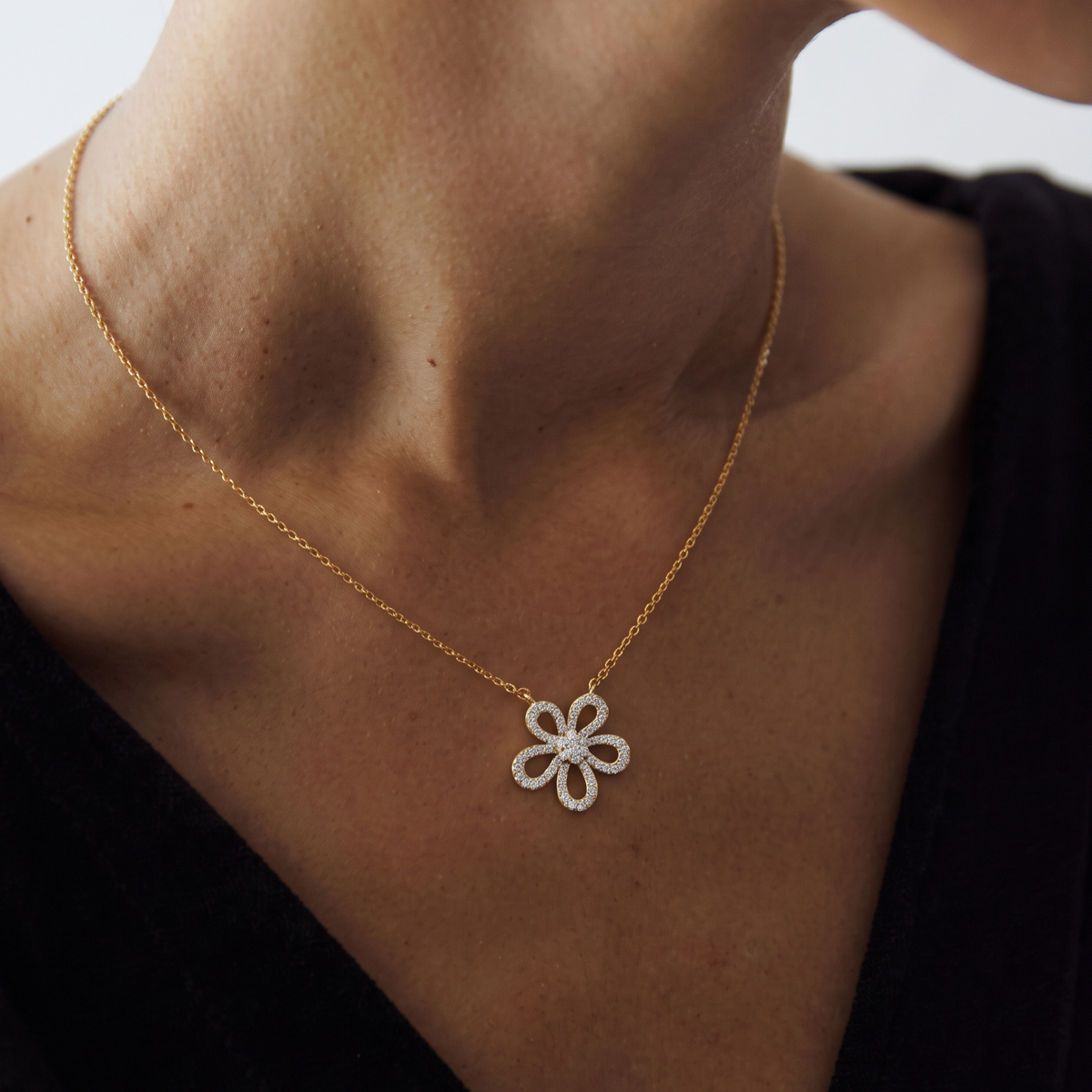 Open Petal Diamond Flower Necklace