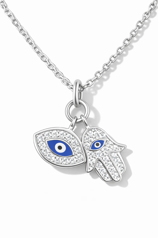 Sacred Shield Evil Eye & Hamsa Necklace Silver