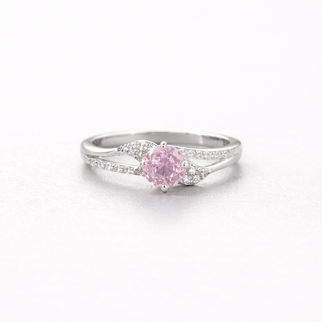 Petal Embrace Pink Solitaire Ring Silver